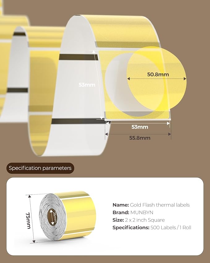 MUNBYN 2 Inch (50.8X 50.8mm) Gold Transparent Thermal Labels, Round Fine Glitter Printable Thermal Stickers for Small Businesses, 500 Labels/1 Roll