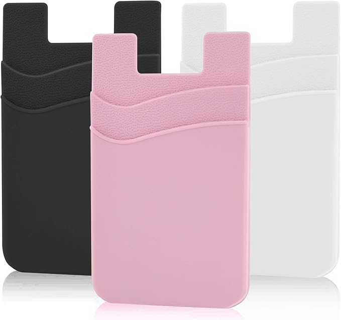 SS Phone Wallet, Phone Card Holder Pocket Pouch Stick on for Phone Cases Silicone Double Pockets Suitable for iPhone, Android, Samsung Galaxy 3 Pack