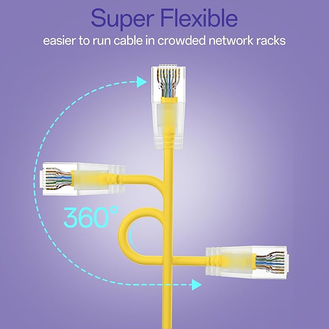 Cat6a Patch Cables 0.5ft (24 Pack) Slim, Cat6 Ethernet Patch Cable Pure Copper, Flexible Cat 6 Patch Cable 550MHZ 10G, Space-Saving Cat 6A Network Cables for Patch Panel, Yellow