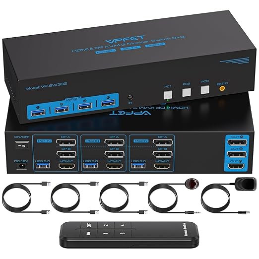 4K144Hz HDMI + 2 Displayport KVM Switch 3 Monitors 3 Computers 8K USB 3.0 KVM Switches Triple Monitor for 3 Computer Share 3 Screens and 4 USB 3.0 Ports Support Extended/Copy Mode