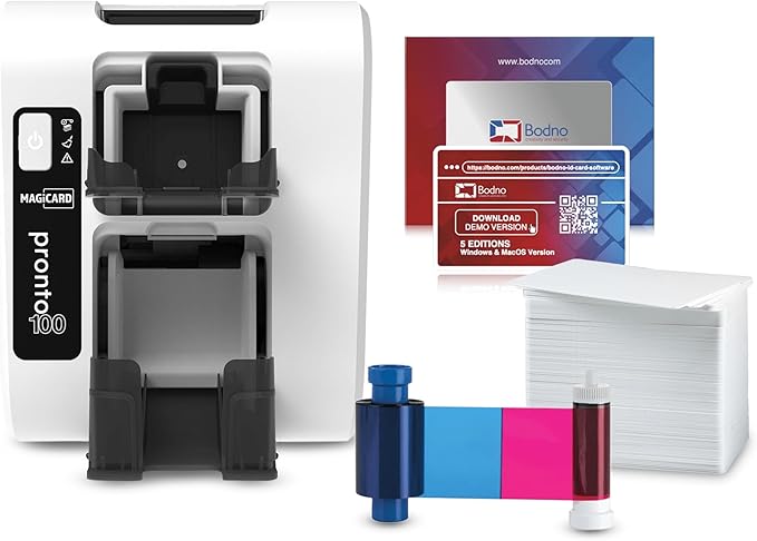 Bodno Magicard Pronto 100 ID Card Printer & Complete Supplies Package ID Software - Bronze Edition
