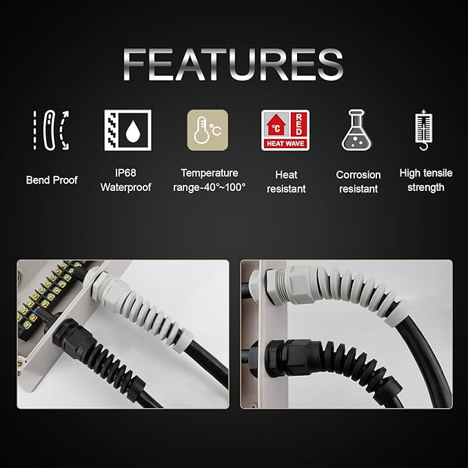 LeMotech 5Pcs NPT 1/2" IP68 Waterproof Cable Gland Flex Spiral Strain Relief Black Nylon Joint with Gaskets for 6-12mm Wire Thread
