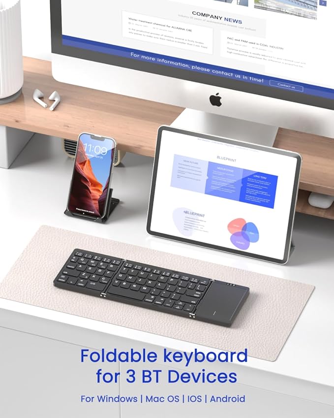 Foldable Bluetooth Keyboard, Folding Portable Wireless Keyboard with touchpad,Travel Pocket Keyboard for iOS Android Windows Mac Smartphone Tablet & Laptop, Sync Up to 3 Devices, Black
