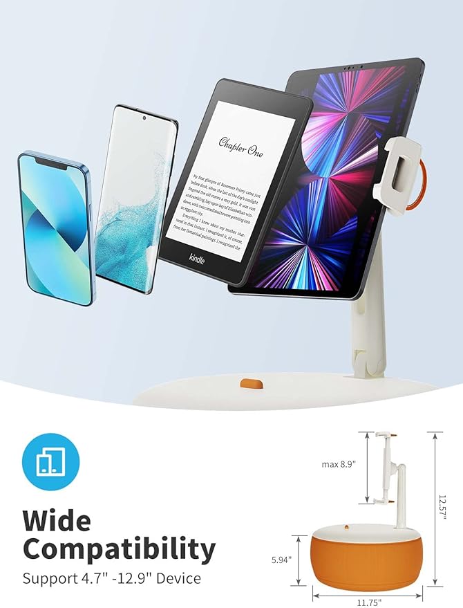 SAIJI Tablet Holder Pillow, Kindle Holder Compatible with 4.7-15.6” Kindle, Tablet, Phone, Portable Monitor, 360° Adjustable Tablet Stand for Bed with Flexible Dual Axis Arm & Microbead Cushion-Orange