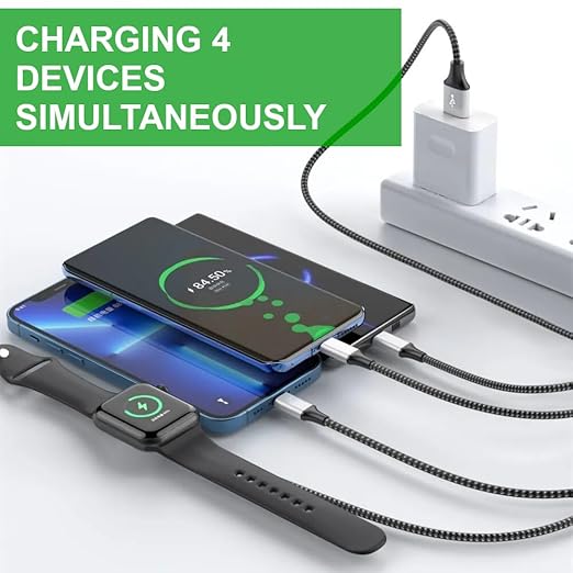 Multi Charging Cable for Apple Watch, Magnetic Wireless Charger, 4 in 1 Nylon Braided Cord for Multiple Devices, USB C/Micro Port/Compatible with iWatch Series 10-1/iPhone 16 15 14/iPad/Android - 6FT