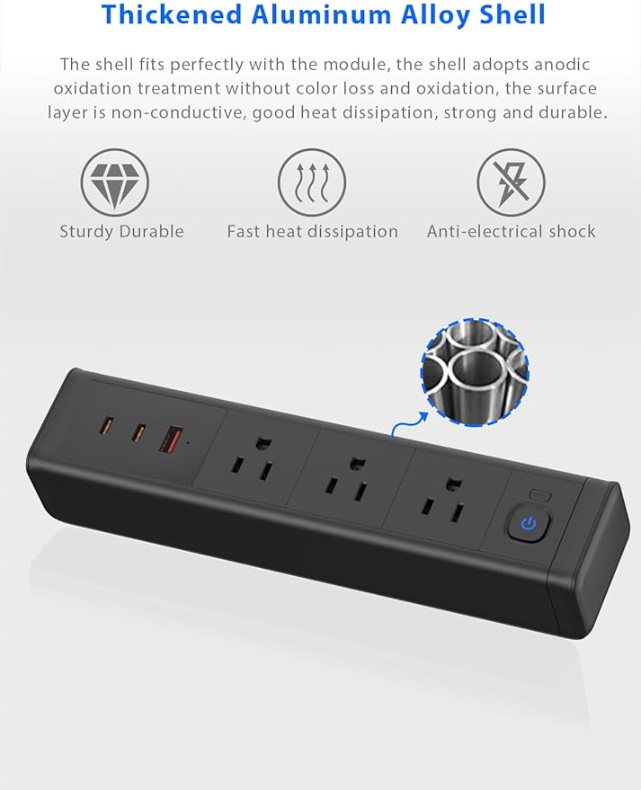 Desk Clamp Power Strip with 65W USB-C&USB A Ports 3 AC Outlet, Nightstand Edge Mount Charging Station Power Strip with USB-C Ports Tabletop Surge Protector for Home Office, Dorm Room(Black)