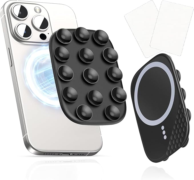 Magnetic Phone Suction Grip, Shower Phone Holder for MagSafe, Octo Phone Sticky Buddy Suction Grip for iPhone 16 15 14 13 12, Birthday Christmas for Women Black
