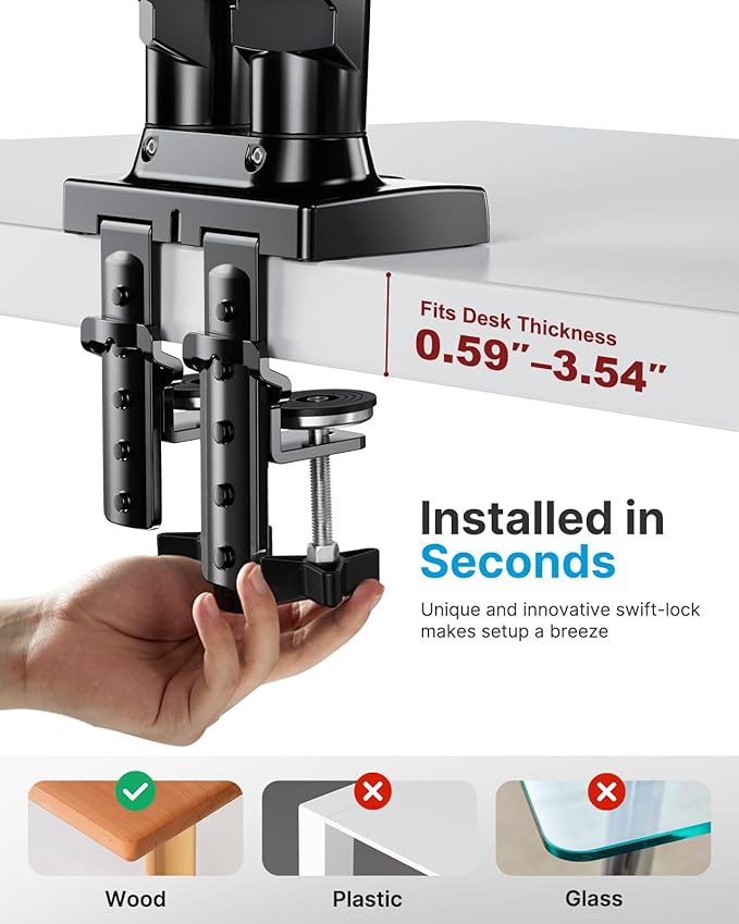 HUANUO Dual Monitor Stand - Full Adjustable Monitor Desk Mount Swivel Vesa Bracket with C Clamp, Grommet Mounting Base for 13 to 32 Inch Computer Screens - Each Arm Holds 4.4 to 19.8lbs