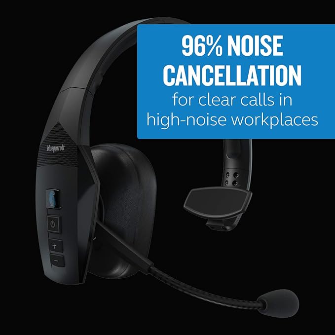 BlueParrott B550-XT Mono Bluetooth Wireless Headphones 96% Noise Canceling Over Head Trucker Headset with Mic, 100% Voice Control, IP54-Rated Protection, 24 hrs. Talk Time, Black