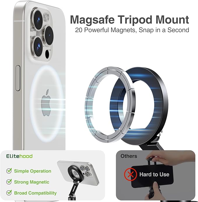 elitehood Magnetic Phone Tripod Mount for Magsafe, Aluminum iPhone Tripod Mount Adapter with 1/4” Screw, Cold Shoe Phone Holder for Camera, Compatible with iPhone 16/15/14/13 Series