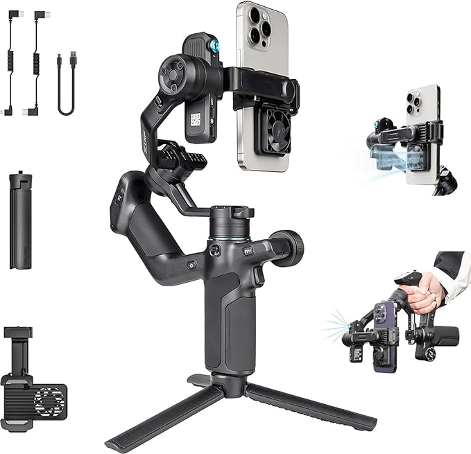 FeiyuTech SCORP Mini 3 Gimbal Stabilizer for Smartphone, Built-in AI Tracking Module & Cooling Fan, 2KG Payload 3-Axis Phone Gimbal with Integrated Grip Design, Gimbal Stabilizer for iPhone & Android