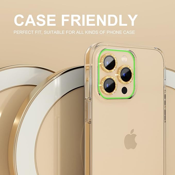 Choiche [3+1 for iPhone 14 Pro/iPhone 14 Pro Max Camera Lens Protector Bling, 9H Tempered Glass Camera Cover Screen Protector Metal Ring Decoration Accessories (Glitter-Gold)