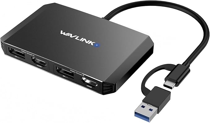 WAVLINK USB C and USB 3.0 to Dual 4K DisplayPort/HDMI Adapter, Displaylink Monitor Splitter Extended Display for Dual Monitor 4K@60Hz, HDMI/DP Splitter Compatible with Mac M1-M4,Window Laptop-Black