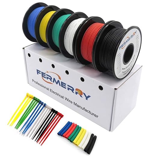 Fermerry 24 AWG Stranded Wire Spool 50ft Each 6 Colors Flexible 24 Gauge Silicone Hook up Wire Kit Electrical Tinned Copper Wire