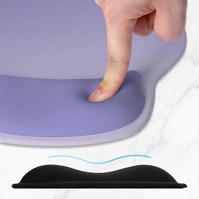 ITNRSIIET Ergonomic Mouse Pad with Wider Memory Foam Wrist Rest +17%, Curved Cushion Reduces Pressure 20%, Pain Relief, Non-Slip, Smooth, Cute Color Desk Accessory, 9.85 x 9 inch, Purple Gradient