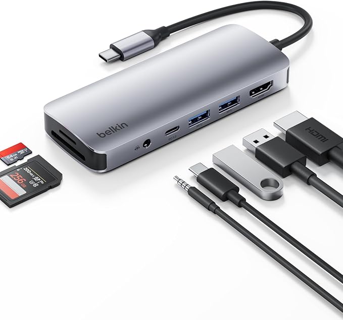 Belkin USB-C Hub, 7-in-1 Multiport Adapter - USB Docking Station with 4K HDMI, USB-C PD 3.0 Port, 2 x USB-A 3.1 Ports, SD Card & MicroSD Card Slots, & 3.5mm Audio Jack for MacBook, Air, iPad Pro, XPS