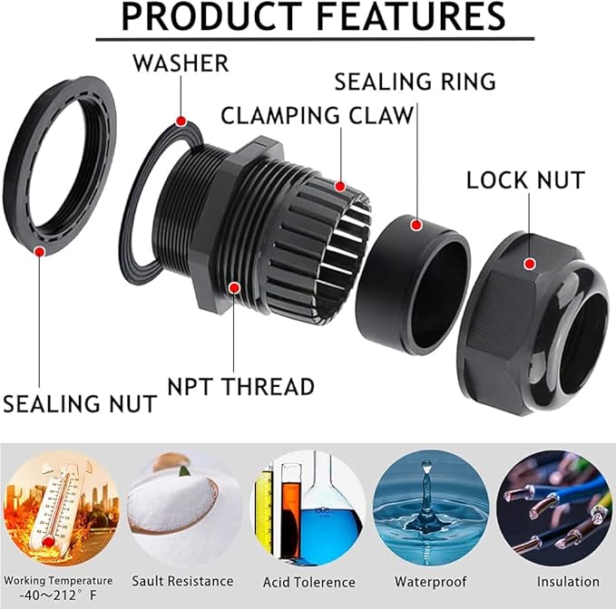 Cable Glands-PENGLIN 1-1/2" NPT Nylon Cable Connector, Strain Relief Cord Connector, IP68 Waterproof Adjustable Locknut(1-1/2 Inch (10-Pack))