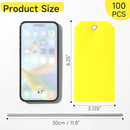 100 Pcs Waterproof Tags Writable Plastic Tags for Labeling Tag with Wire Tie Large Heavy Duty Tags Moving Tags Pipe Tags for Outdoors Car Garage Storage Box Equipment Parts (Yellow, 6 1/4" x 3 1/8")
