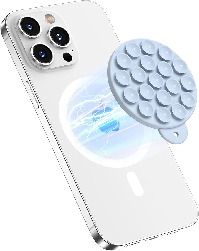 Magnetic Suction Cup Phone Mount for MagSafe Case, Silicone Hands-Free Grip Holder for iPhone and Android, Mirror Shower Phone Stand for Makeup FaceTime Gym Kitchen Bathroom, Baby Blue