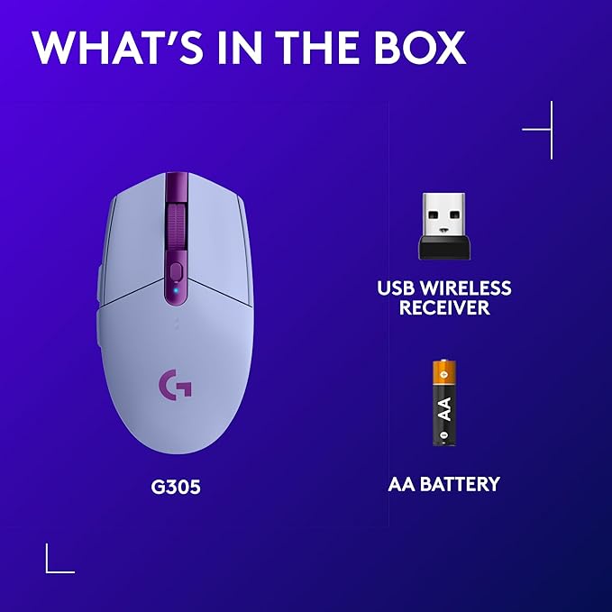 Logitech G305 LIGHTSPEED Wireless Gaming Mouse, Hero 12K Sensor, 12,000 DPI, Lightweight, 6 Programmable Buttons, 250h Battery Life, On-Board Memory, PC/Mac - Lilac