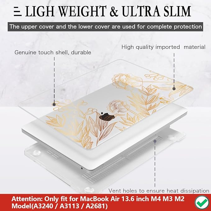 CISSOOK for MacBook Air 13.6 inch Case A3240 A2681 A3113 Release 2022 2023 2024 2025, Plastic Hard Shell Case Keyboard Cover for MacBook Air 13 inch M2 M3 M4, Gold Floral Blossom