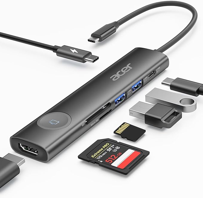 Acer USB C HUB Multiport Adapter, 7 in 1 USB-C to HDMI Adapter with 4K@60Hz, 100W PD, 5Gbps 2*USB-A 3.1, 1*Type-C 3.1, SD Card Reader Type C Dongle for iPhone 16/15, MacBook Pro/air, iPad, Acer(Black)