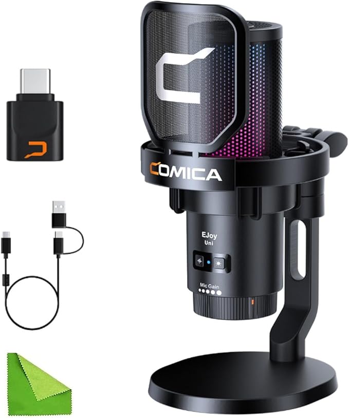 COMICA Uni Pro D Wireless USB Microphone for Computer and Smartphone,48kHz/24bit RGB Cardioid Condenser Gaming Mic for Podcasting,Streaming,Recording,Music Creation,with Desktop Stand-Black