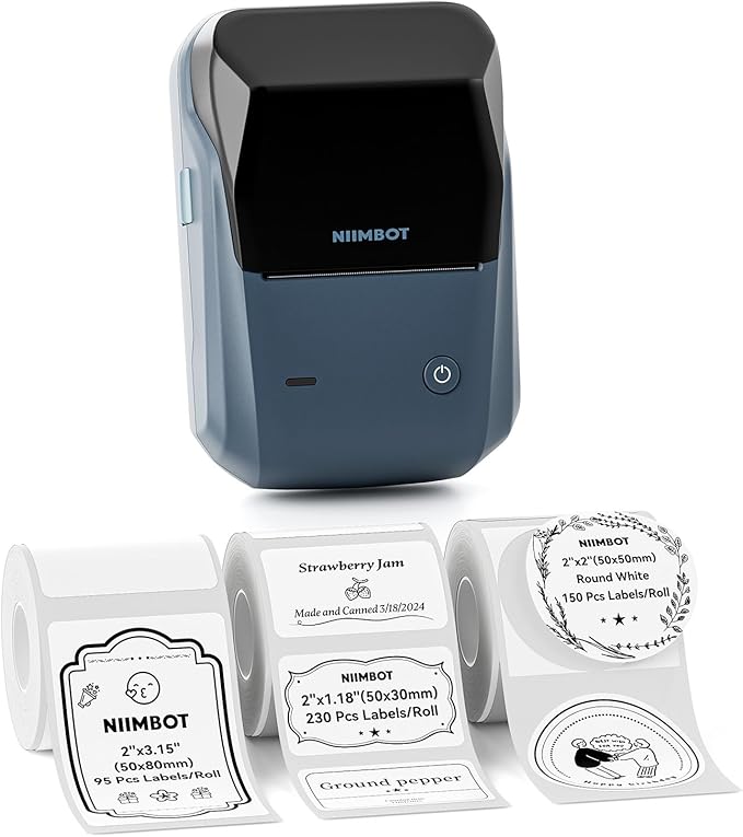 NIIMBOT B1 Label Maker Machine with Tape, Label Printer with 3 Rolls Label Paper, 50x30mm/50x80mm White Paper/50x50 Round Label for Office Supplies, Home, Business