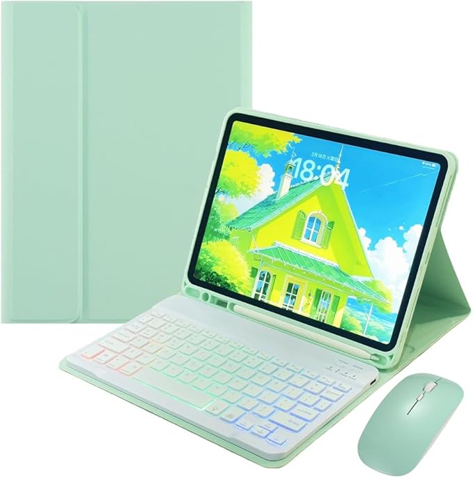 Rainbow Backlit Keyboard Case for iPad Pro 11 inch (4th/3rd/2nd/1st Gen) with Mouse and 7 Colors RGB Colorful Backlight Detachable Bluetooth Keyboard Cover,Mint Green
