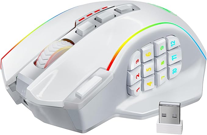 Redragon Wireless Gaming Mouse, MMO Gaming Mouse UP 16,000 DPI, 16 Macro Programmable Buttons, RGB Rechargeable Mouse with 12 Side Buttons, 70Hrs for PC Laptop MOBA FPS, White,M901P-WS