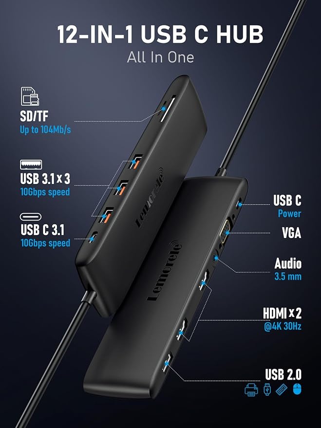 Lemorele USB C Dual Monitor Docking Station for Dell/HP/Lenovo/Surface Laptop, 12 in 1 Triple Display Multiport Hub Adapter w/2 HDMI 4K+VGA+10Gbps 2 USB3.2+2 USB2.0+100W PD+USB C Data+SD/TF+Audio