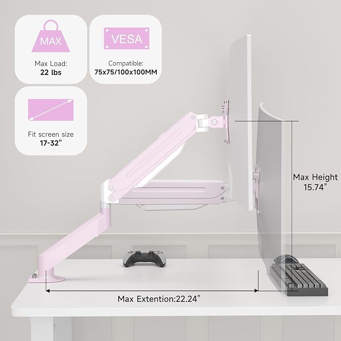 Suptek Monitor Mount Gas Spring Monitor Arm Desk Mount Fully Adjustable Fits 17-32 inch Monitors Weight Capacity up to 22 lbs,Pink(MD8PINK)
