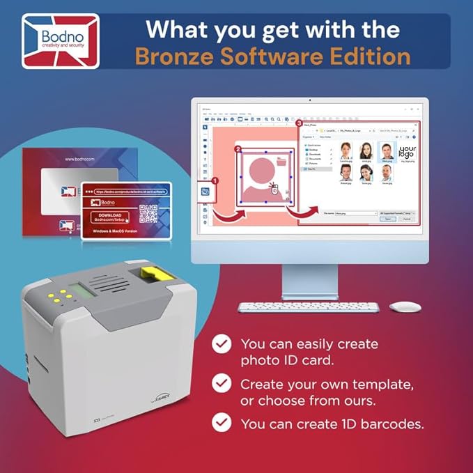 Bodno Seaory S25 Single Sided ID Card Printer & Complete Supplies Package ID Software and Camera - Bronze Edition