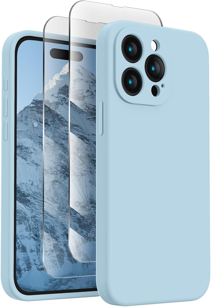 FireNova Designed for iPhone 15 Pro Max Case, Silicone Upgraded [Camera Protection] Phone Case with [2 Screen Protectors], Soft Anti-Scratch Microfiber Lining Inside, 6.7 inch, Sky Blue