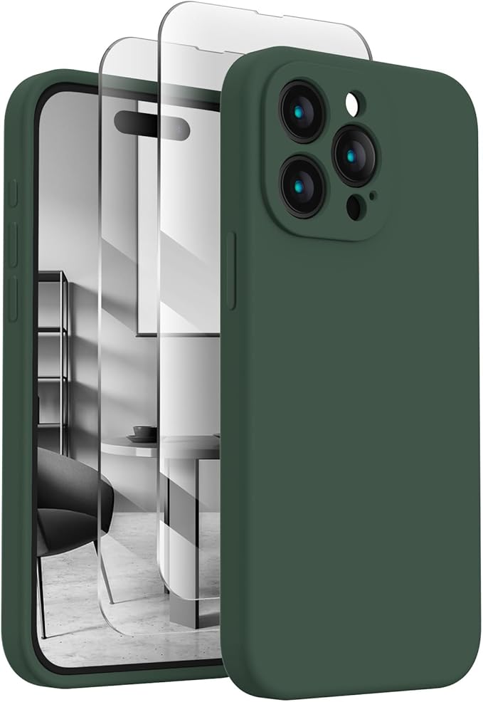 FireNova Designed for iPhone 15 Pro Case, Silicone Upgraded [Camera Protection] Phone Case with [2 Screen Protectors], Soft Anti-Scratch Microfiber Lining Inside, 6.1 inch, Alpine Green