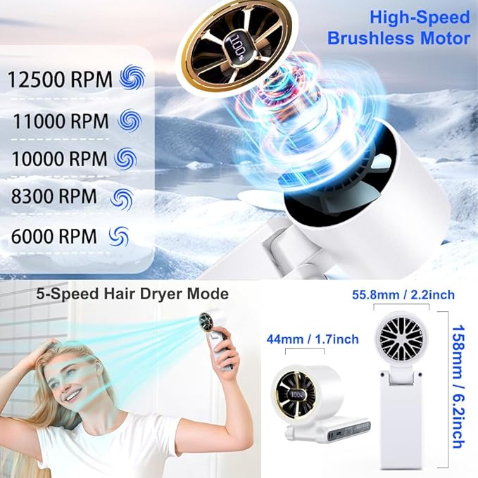 CAZOKASI Rechargeable Strong Wind Handheld Fan With Ambient Lighting 4 IN1 5000mAh Upto 22H For Desktop Waist Clip Neck (StrongWind/White)