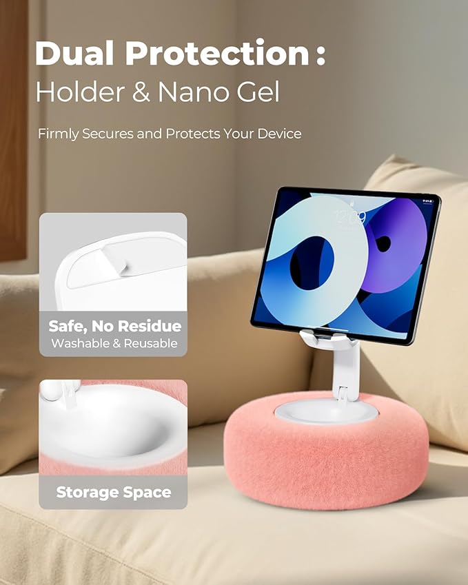 Phone Stand with Pillow, Adjustable iPhone Stand with Anti-Slip Strips, Fuzzy Tablet Holder– Compatible with 4"-7" Devices, Including iPhone, iPad, Kindle, and Android (Pink)