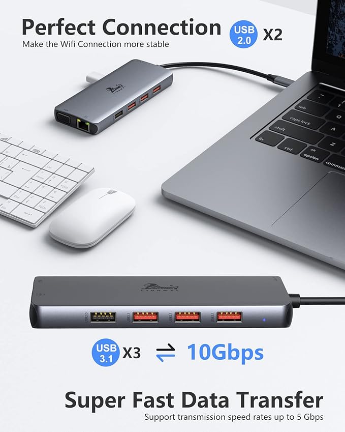 LIONWEI Laptop Docking Station Dual Monitor, 11-in-1 to 4K HDMI,VGA,Gigabit Ethernet,3 USB 3.1 10G,2 USB 2.0,87W PD,Audio for Dell/Surface/HP/Lenovo Laptops