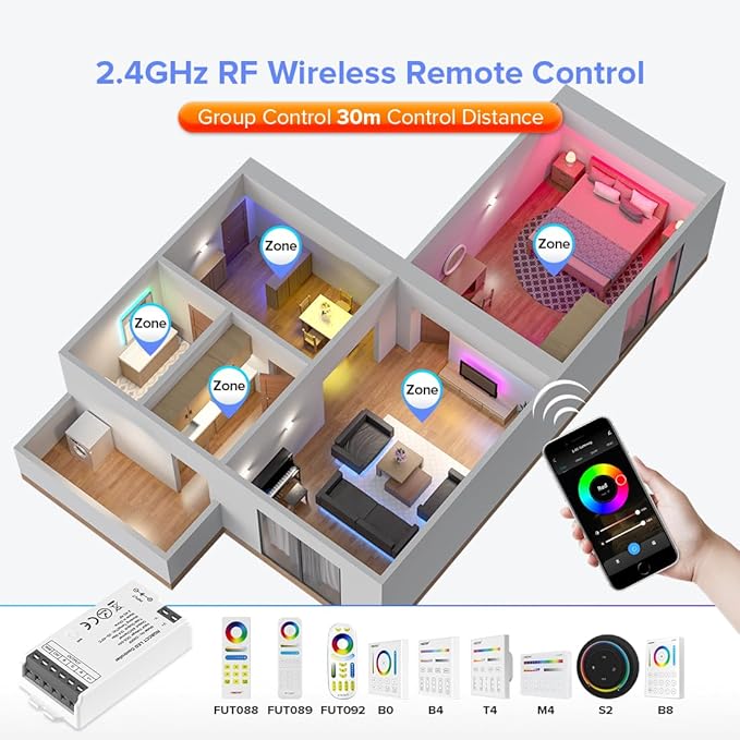 BTF-LIGHTING C05RF Tuya Controller Support PWM 5050SMD FCOB COB RGBCCT (+ R G B C W) 6pin LED Strip Bulb Support with WR02RF RC03RFB RF Remote DC5V/12V/24V Max 12A Indoor Use Only(NO Remote NO Power)