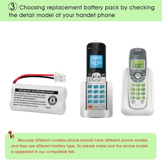 iMah BT162342/BT262342 2.4V 300mAh Ni-MH Cordless Phone Battery Pack, Also Compatible with BT183342/BT283342 AT&T EL52351 TL90070 VTech CS5119 DS6511 DS6722 LS6305 Handset, 5-Pack