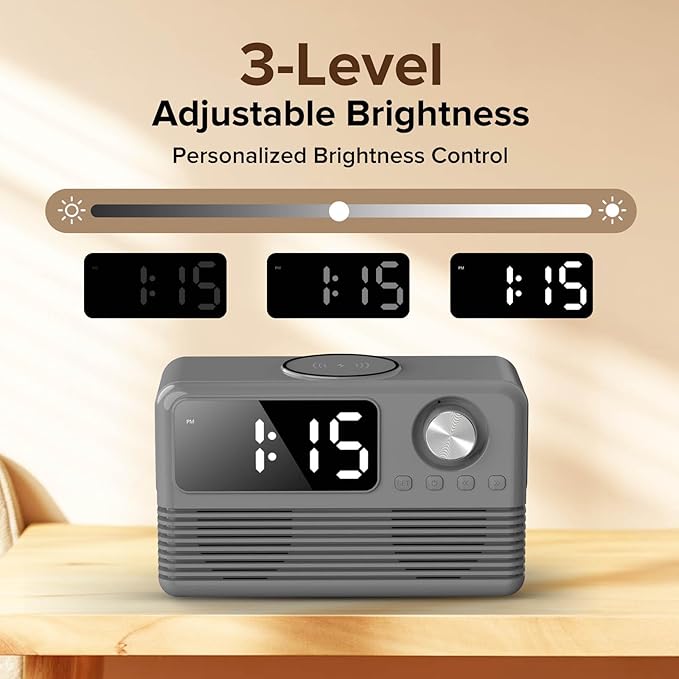 15W Fast Wireless Charger with Bluetooth Speaker and Alarm Clock Radio,4 in1 Wireless Charging Station for iPhone,Android Phones with FM Radio for Bedroom