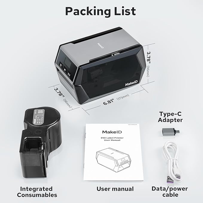Makeid D50 Industrial Label Printer, Desktop Label Maker 2" Print Head, Mobile APP & PC Editor Compatible, 2600mAh Li-ion Battery, Come with 1.97" W x 26.24ft L Label Heavy-Duty Labeler for Job Sites