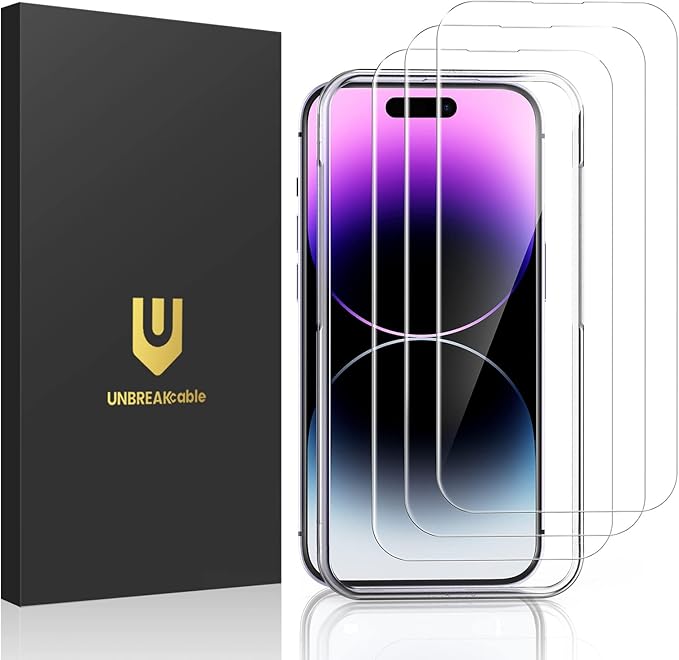 UNBREAKcable 3-Pack Screen Protector for iPhone 14 Pro Max, Double Shatterproof Tempered Glass [Easy Installation Frame] [9H Hardness] [99.99% HD Clear] [Case Friendly] for iPhone 6.7 inch