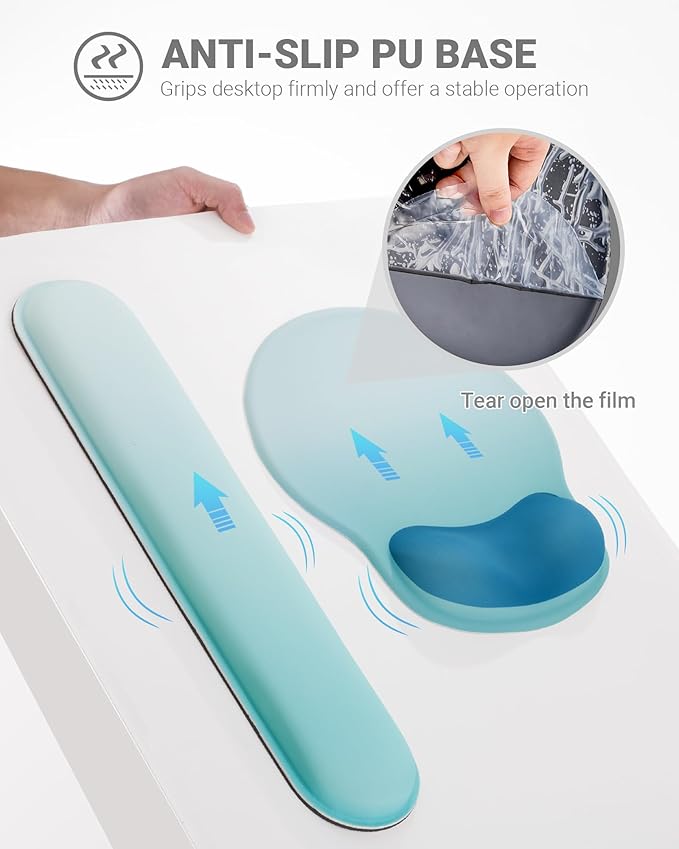 Ergonomic Mouse Pad Wrist Support Set, Memory Foam Keyboard Wrist Rest Set, Keyboard Pad, Non-Slip Base Mousepad(Gradient White Blue Set)
