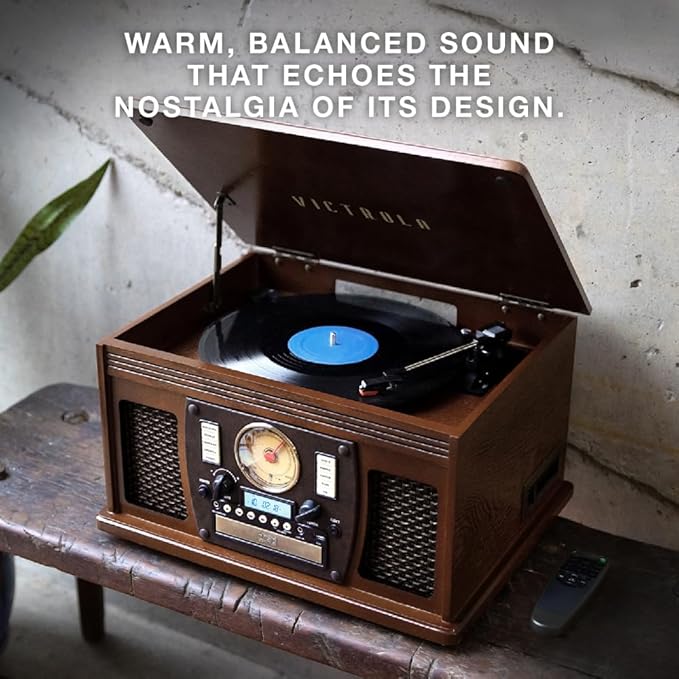 Victrola Navigator 8-in-1 Bluetooth Record Player with Built-in Speakers– 3 Speed Turntable, CD Player, Cassette, FM Radio, USB, RCA Out, Headphone Jack, Wireless Music Streaming, Real Wood (Espresso)