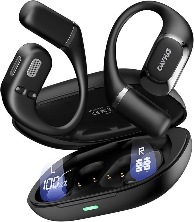 Open Ear Headphones,Over Ear Earbuds with Ergonomic Earhook,Bluetooth Headphones 5.4 with Smart Digital Display,40H Playtime,IPX6 Waterproof,Touch Control Operate Fit Cycling,Running,Workout(Black)