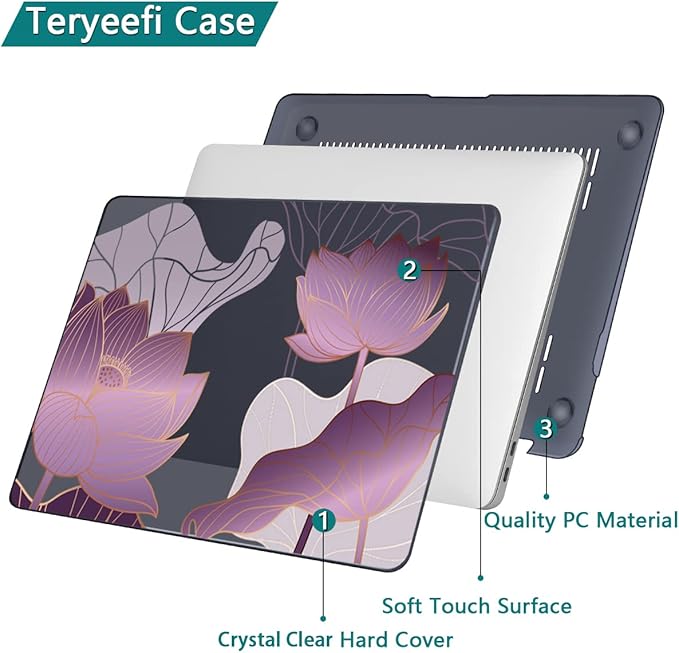 Teryeefi for 2020 2022 2016-2019 MacBook Pro 13 inch Case A2338 A2289 A2251 A2159 A1989 A1706 with M2 M1 & Touch Bar, PC Hard Shell Case & Keyboard Cover & Screen Protector, Luxurious Purple Lotus