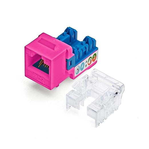 trueCABLE Cat5e Keystone Jack, Unshielded (UTP), 90 Degree Punch-Down, PoE++ (4PPoE) 100W, UL Listed, ETL Verified, ANSI/TIA Certified, Modular RJ45 Female, Pink, 24 Pack