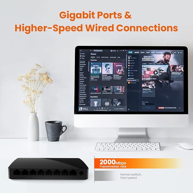 Tenda SG108, 8-Port Gigabit Ethernet Switch, Unmanaged Network Hub, Ethernet Splitter, Plug & Play, Shielded Ports & Plastic Case, Desktop/Wall-Mount, Fan-Less, Limited Lifetime Protection