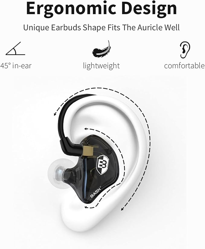 BASN Bsinger PRO in Ear Monitor Headphones for Musicians, Dynamic Driver Noise Isolating Earphones with 2 Detachable MMCX Cables (Black)